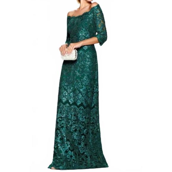 NEW TADASHI SHOJI off the shoulder sequin gown in pine green - Picture 1 of 1